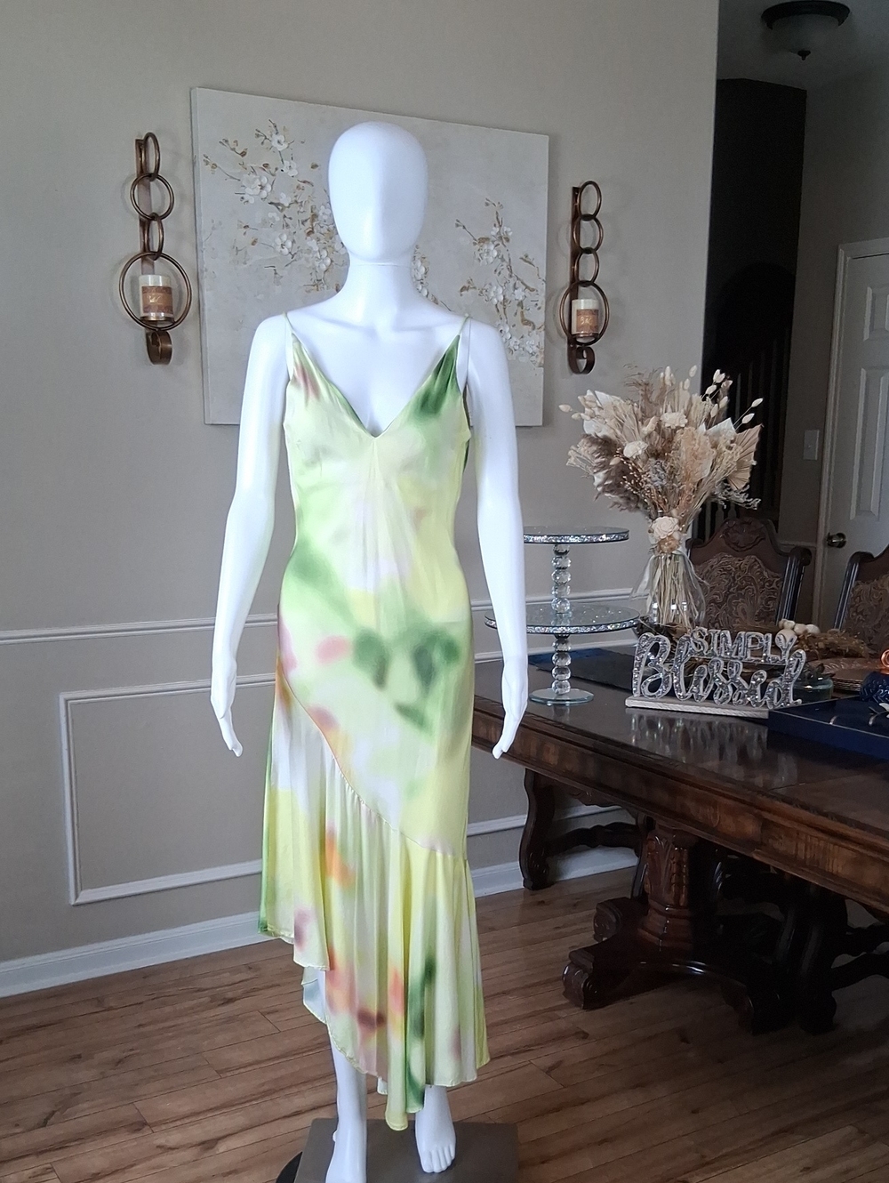 Women's Asymmetrical Summer Resort Slip Midi Dress in Lemon Tie-Dye Multi XS - Picture 9 of 16